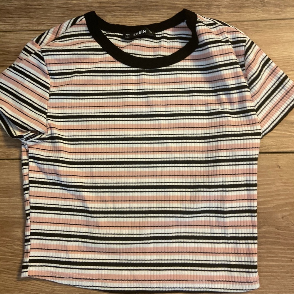 White,black,and pink sripped T-shirt